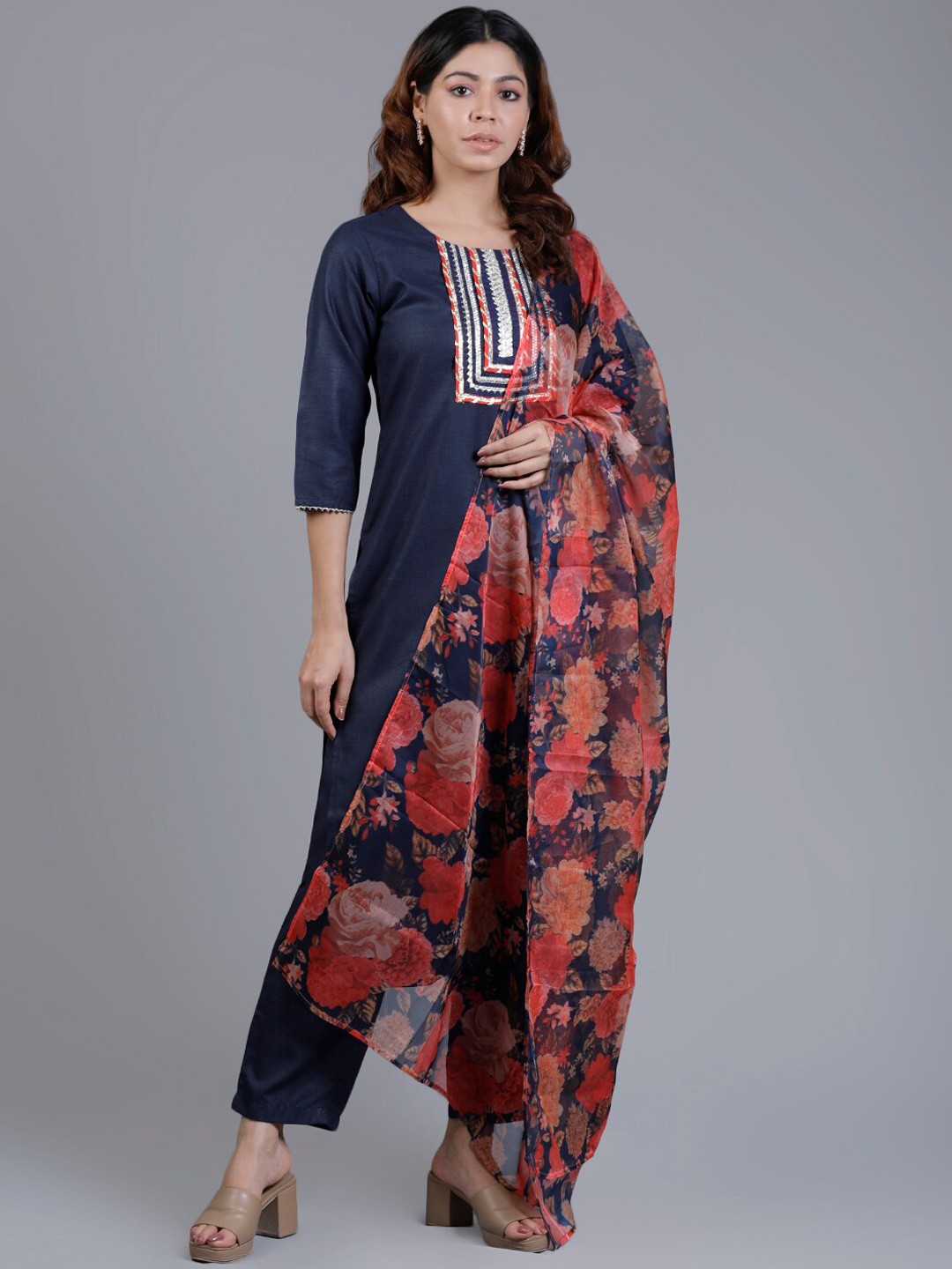 

V TRADITION Gotta Patti Pure Cotton Kurta with Trousers & With Dupatta, Navy blue