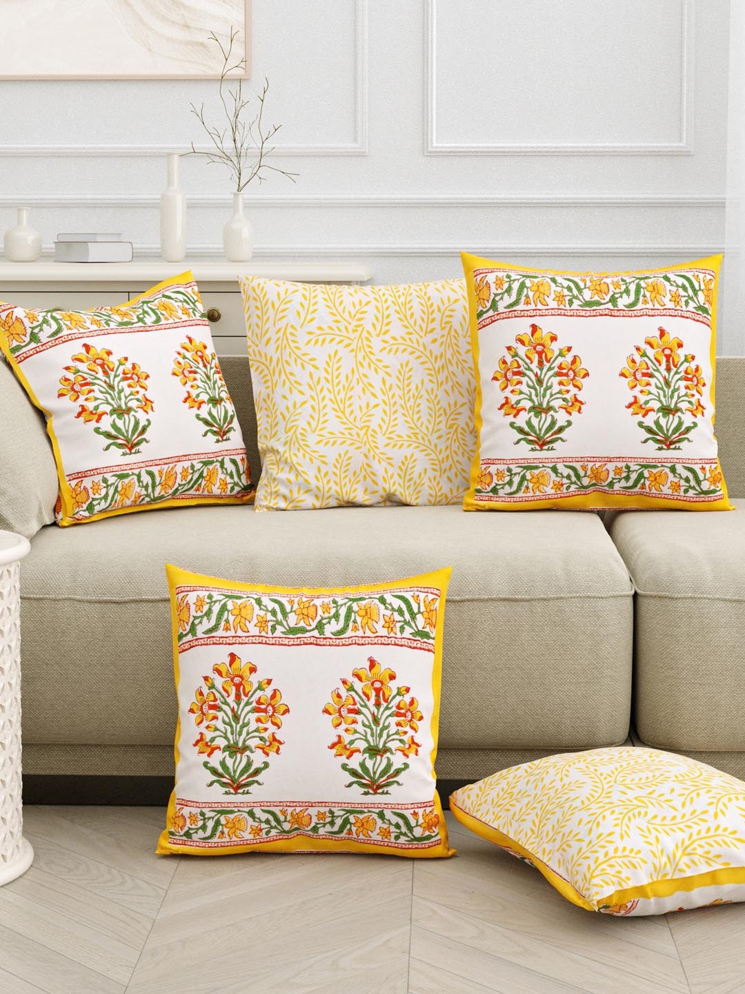 

Sangria Yellow 5 Pieces Printed Pure Cotton Square Cushion Covers