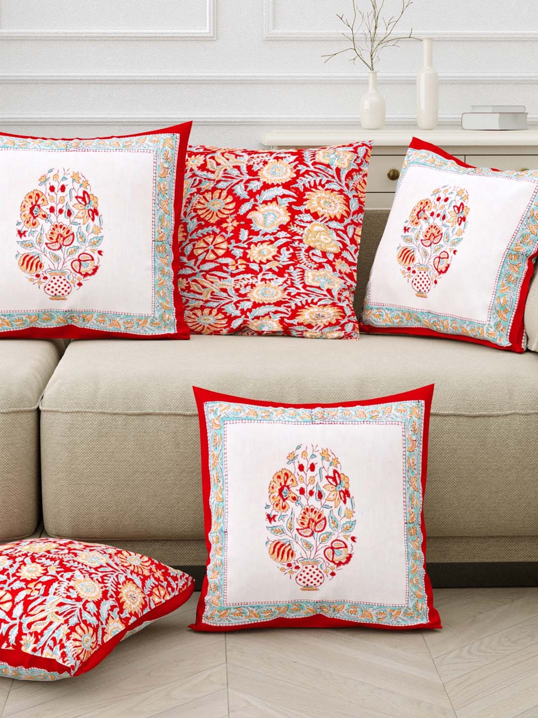 

Sangria Red & White 5 Pieces Printed Pure Cotton Square Cushion Covers