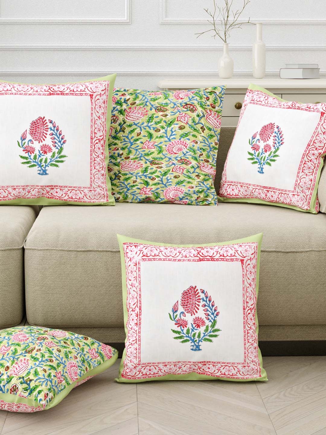 

Sangria Green & Red 5 Pieces Printed Pure Cotton Cushion Covers