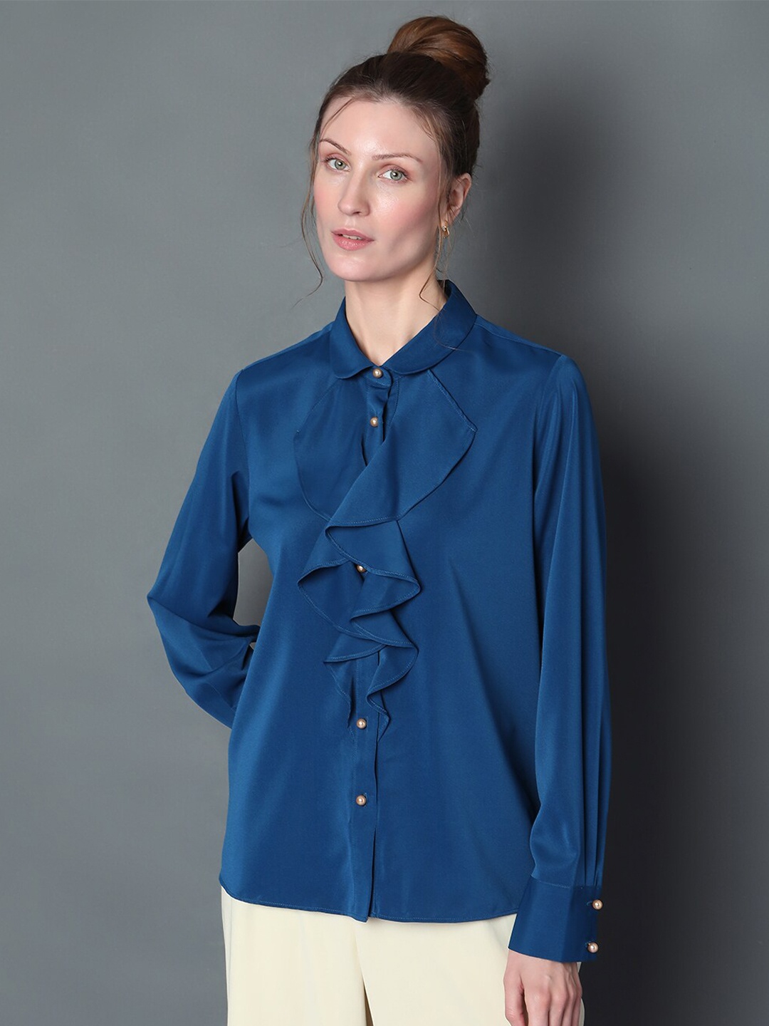 

Vero Moda Peter Pan Collar Ruffled Casual Shirt, Blue