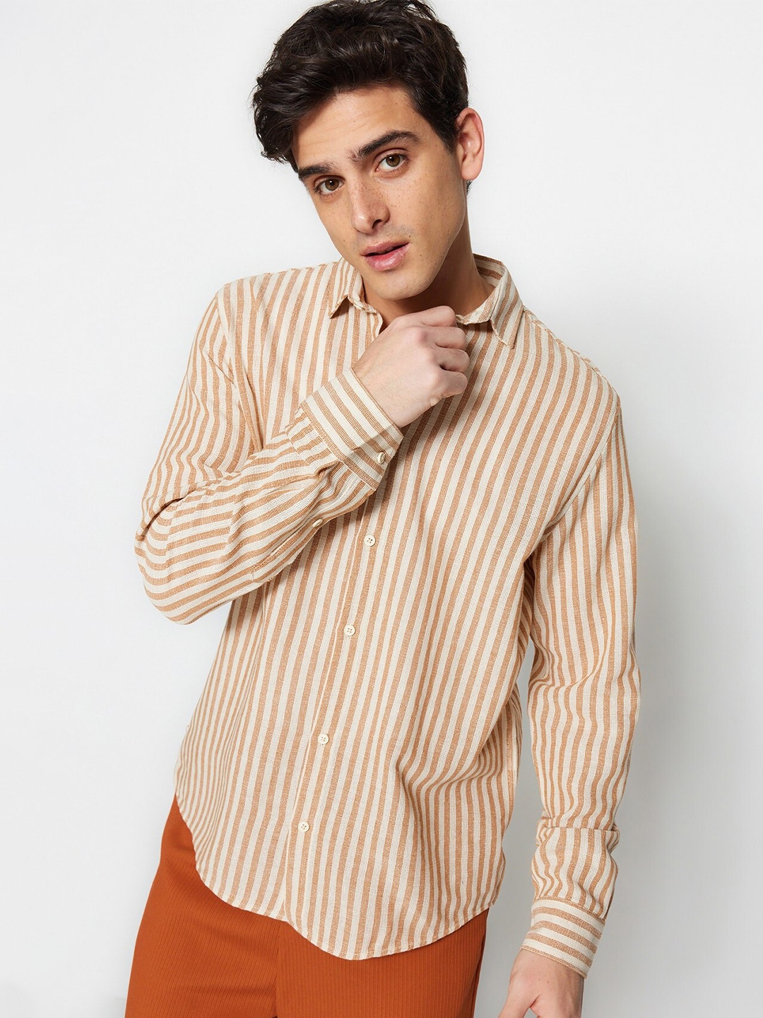 

Trendyol Striped Spread Collar Casual Shirt, Beige