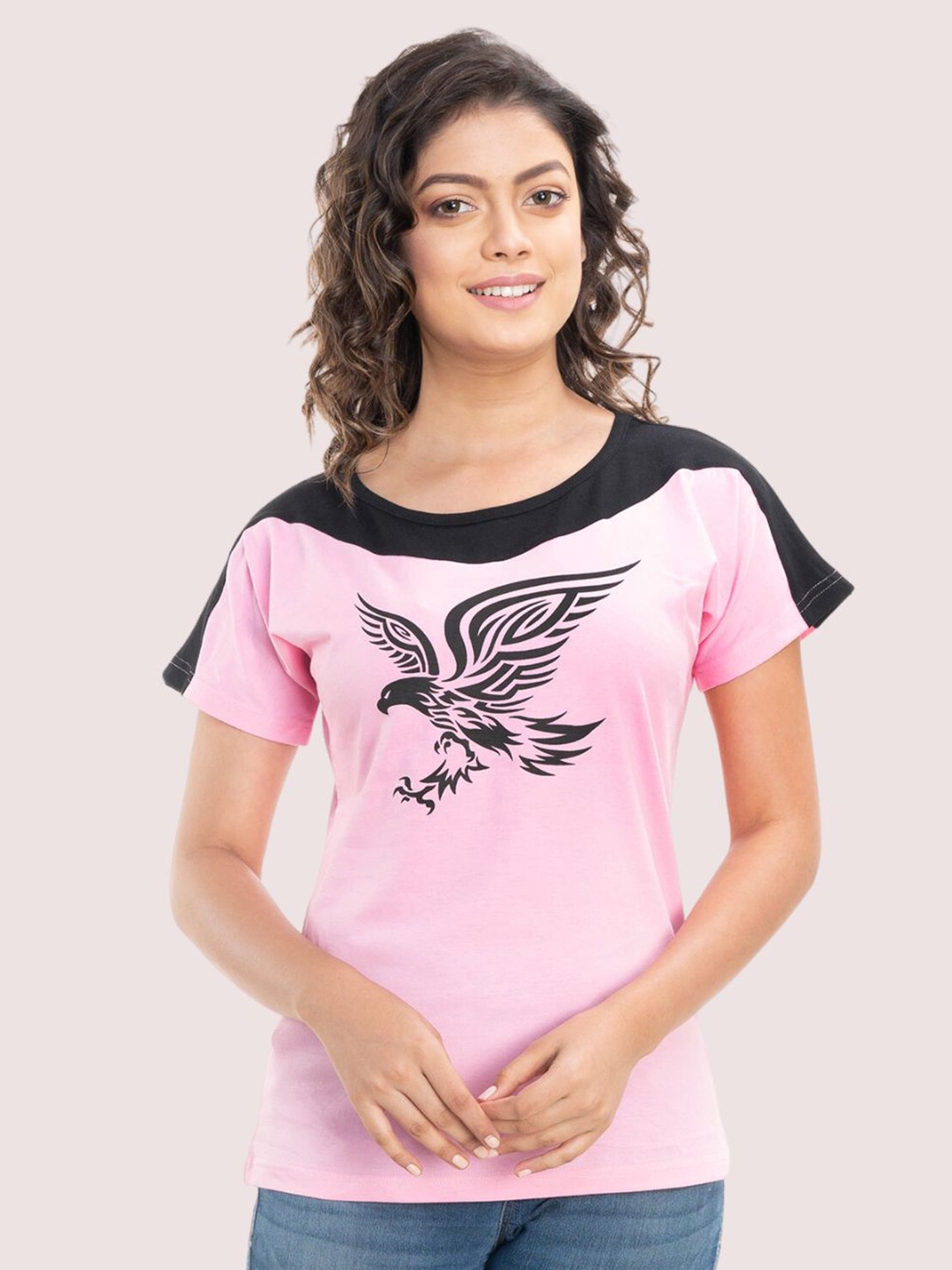 

StyleAOne Graphic Printed Colourblocked Extended Sleeves Cotton T-shirt, Pink