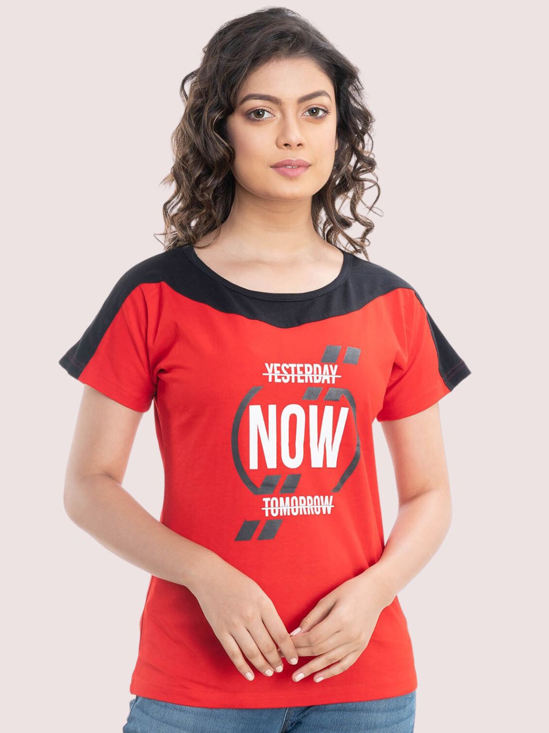 

StyleAOne Typography Printed Extended Sleeves Cotton T-shirt, Red