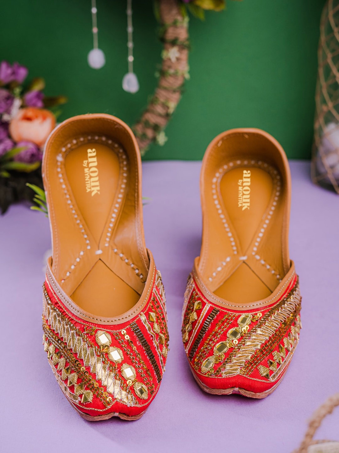 

Anouk Red And Gold-Toned Embroidered Ethnic Mojaris