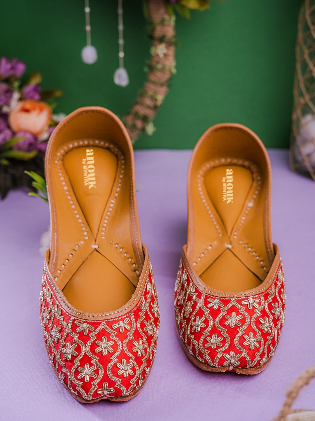 

Anouk Red And Gold-Toned Embroidered Ethnic Mojaris