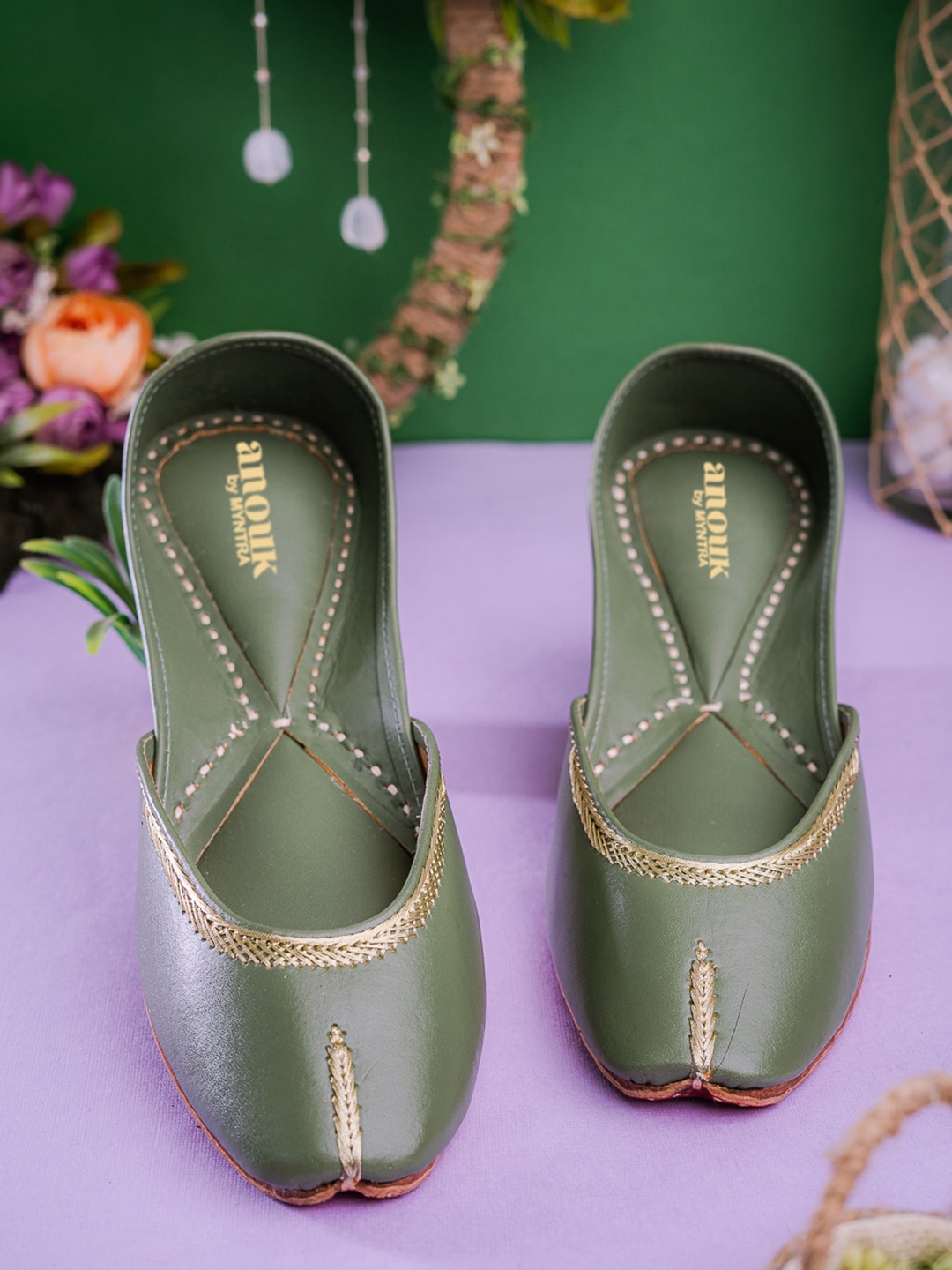

Anouk Women Olive Green & Gold Toned Woven Design Embellished Mojaris