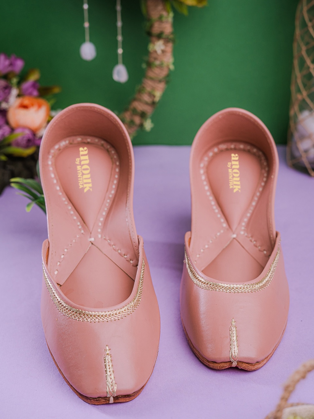 

Anouk Women Nude Coloured & Gold Toned Woven Design Embellished Mojaris