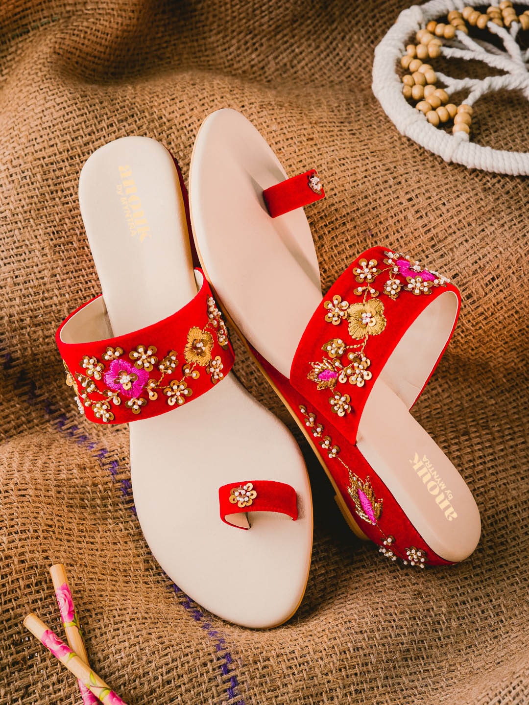 

Anouk Red And Gold-Toned Embellished Velvet Ethnic Wedge Heels