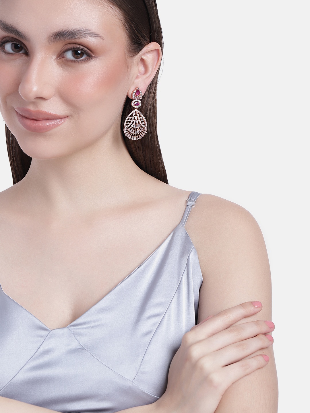 

Estele Rose Gold-Plated Teardrop Shaped CZ Studded Drop Earrings
