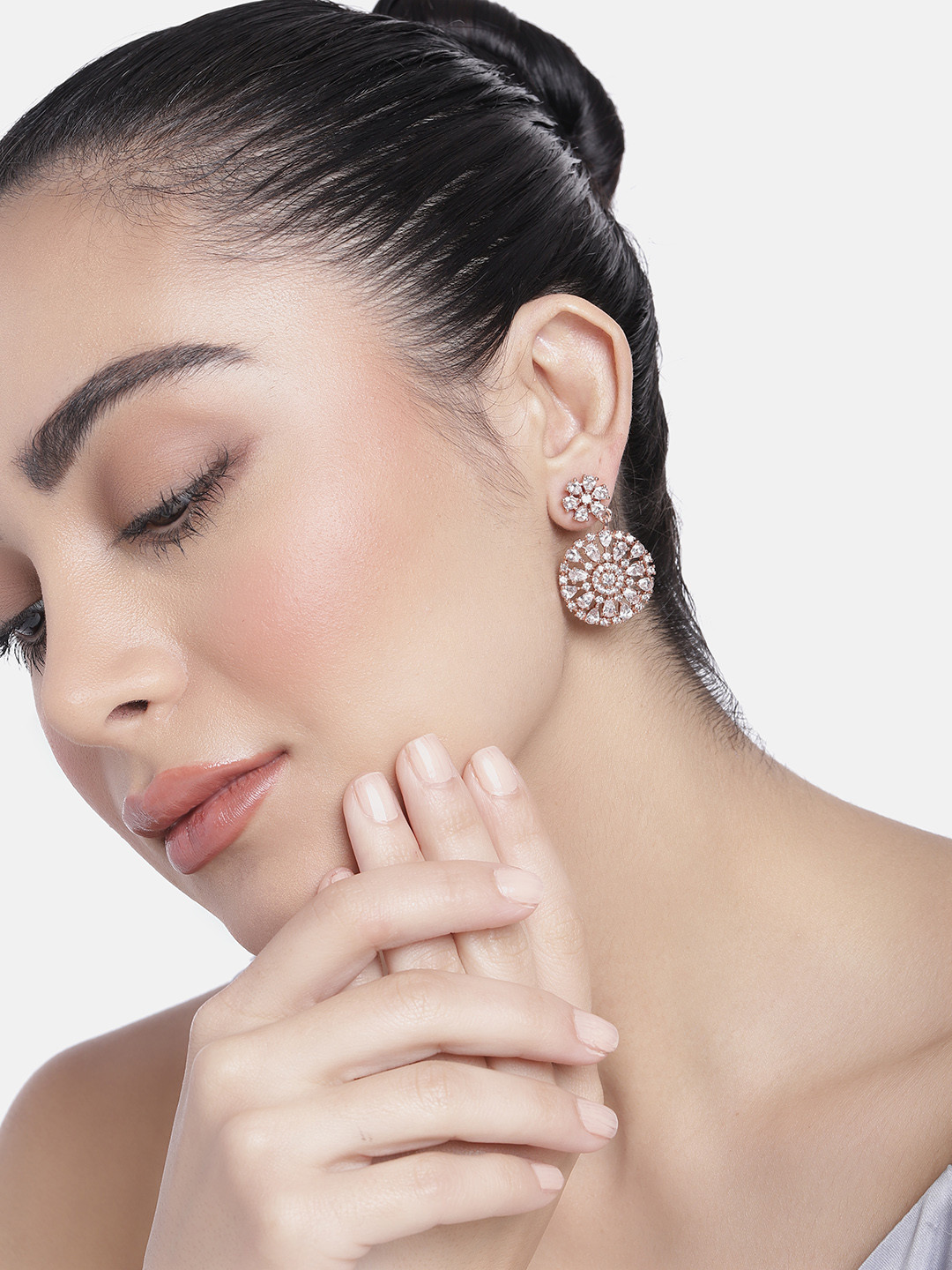 

Estele Rose Gold-Plated Teardrop Shaped CZ Studded Drop Earrings