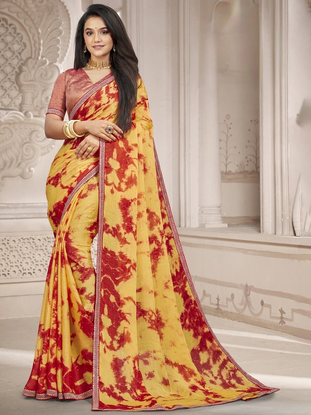 

Laxmipati Tie & Dye Poly Chiffon Saree, Yellow