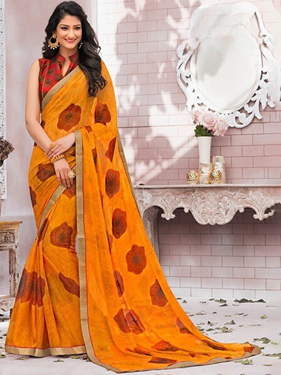 

Laxmipati Ethnic Motifs Printed Poly Chiffon Saree, Orange