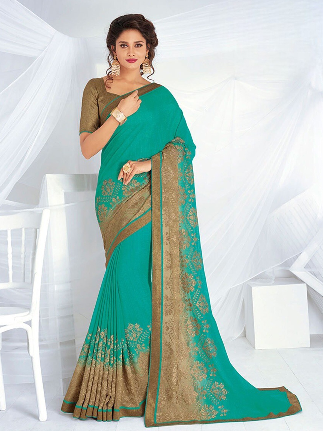 

Laxmipati Floral Zari Embroidery Poly Chiffon Saree, Green