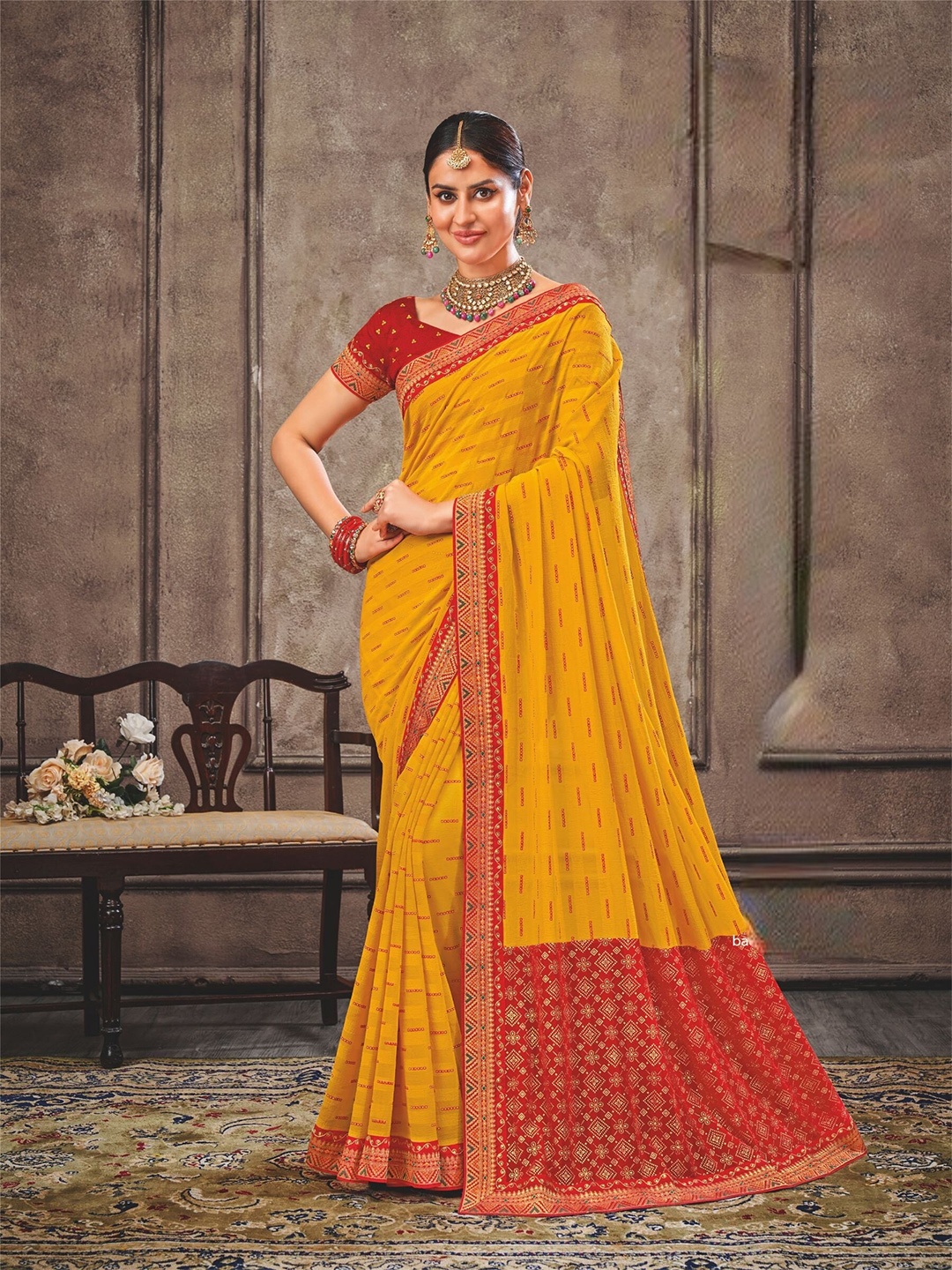 

Laxmipati Striped Printed Border Saree, Yellow
