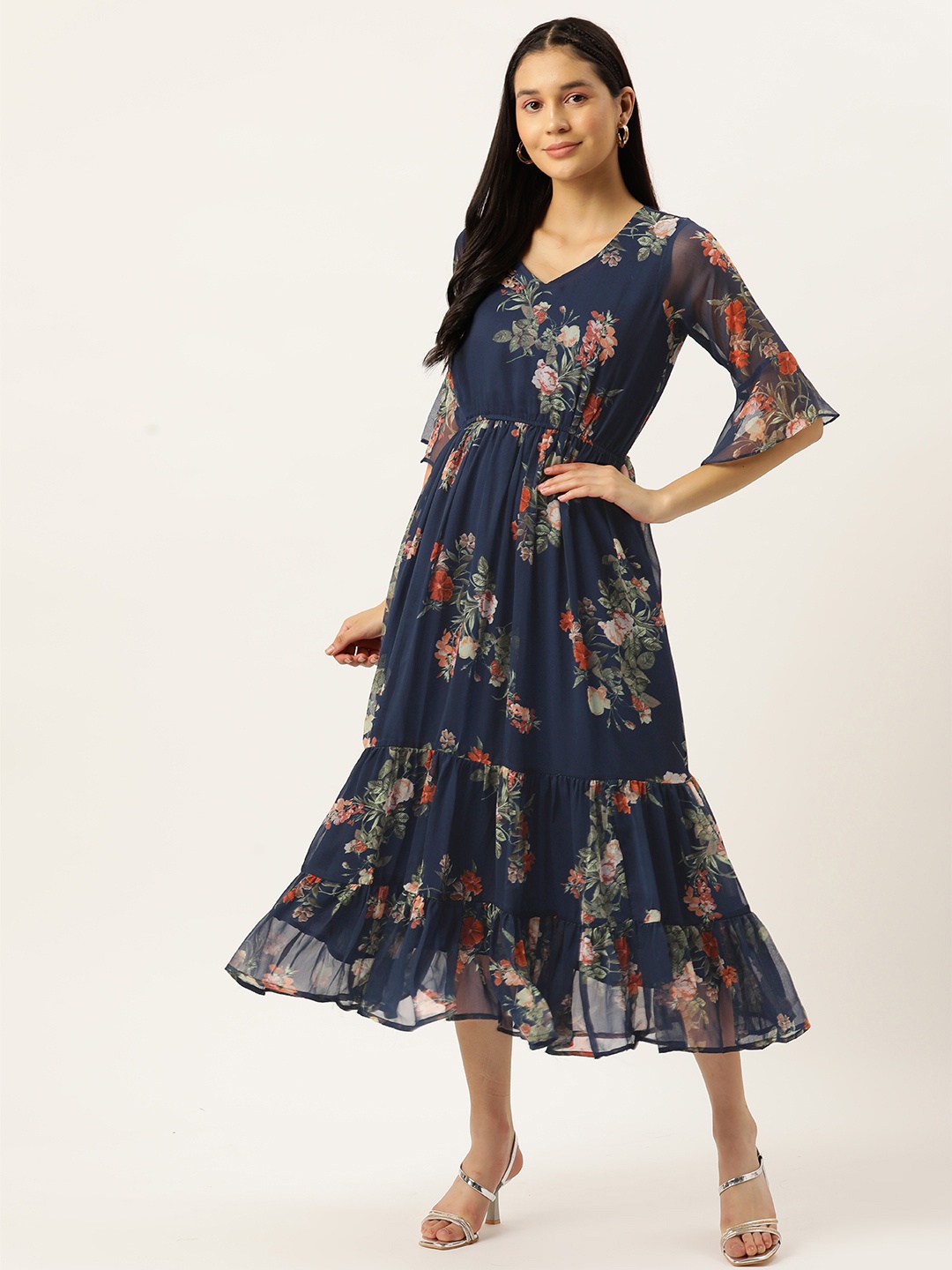 

VAABA Floral Print Bell Sleeve Georgette A-Line Midi Dress, Navy blue