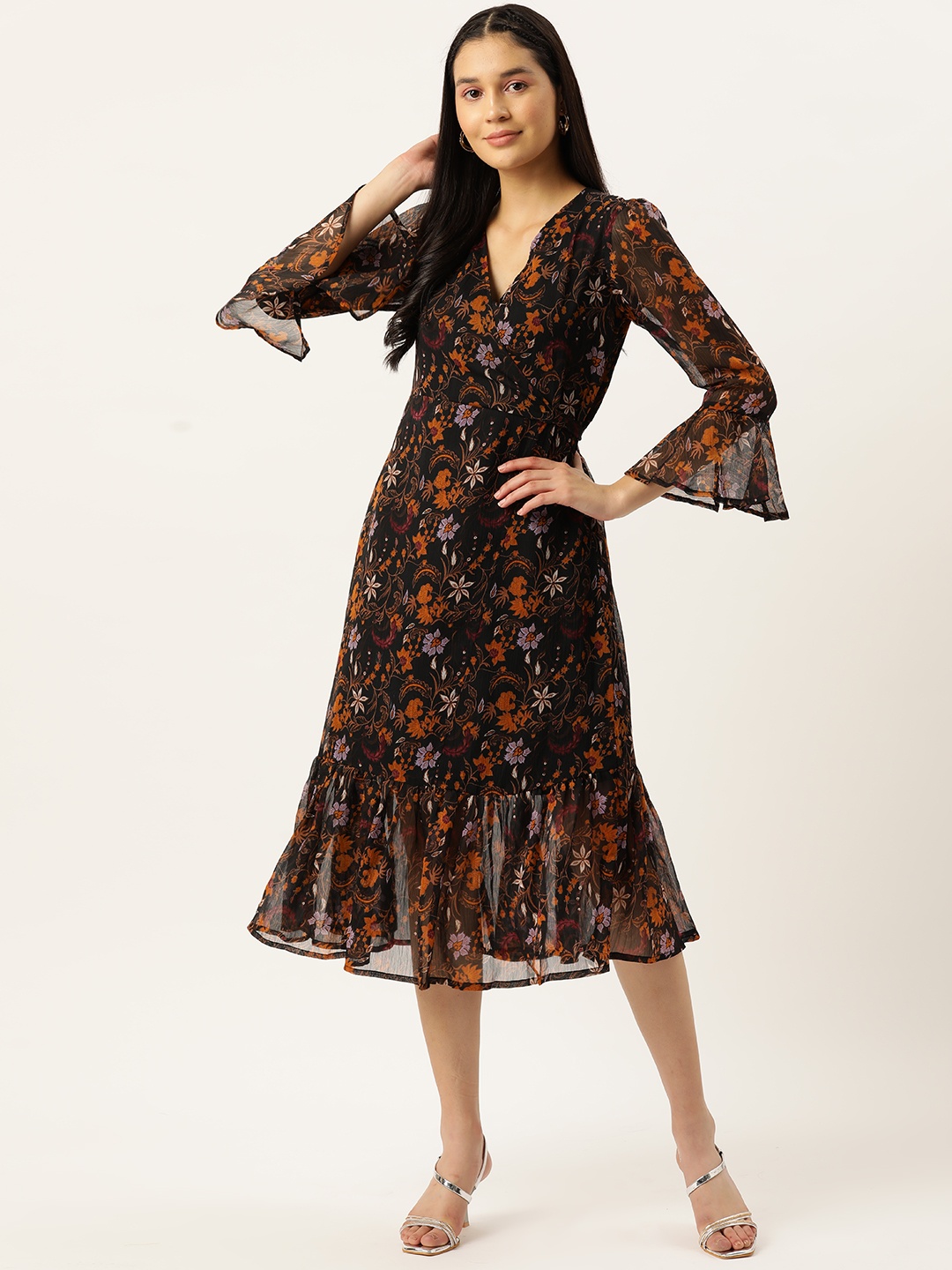 

VAABA Floral Print Bell Sleeve Georgette Midi Dress, Black