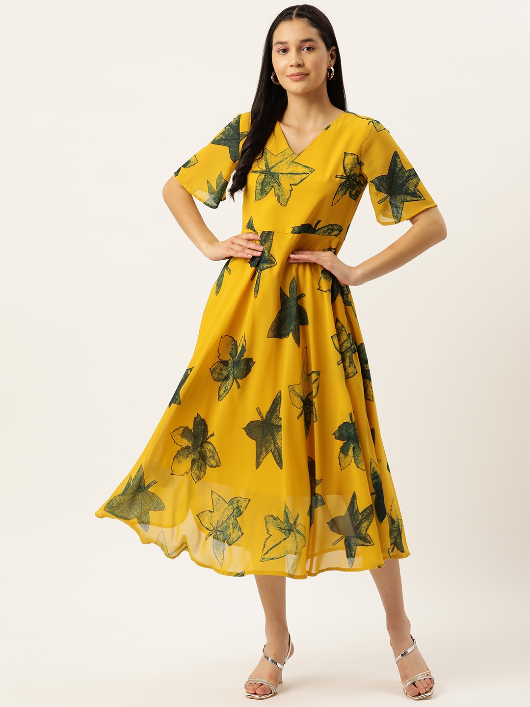

VAABA Floral Print Flared Sleeve Georgette A-Line Midi Dress, Yellow