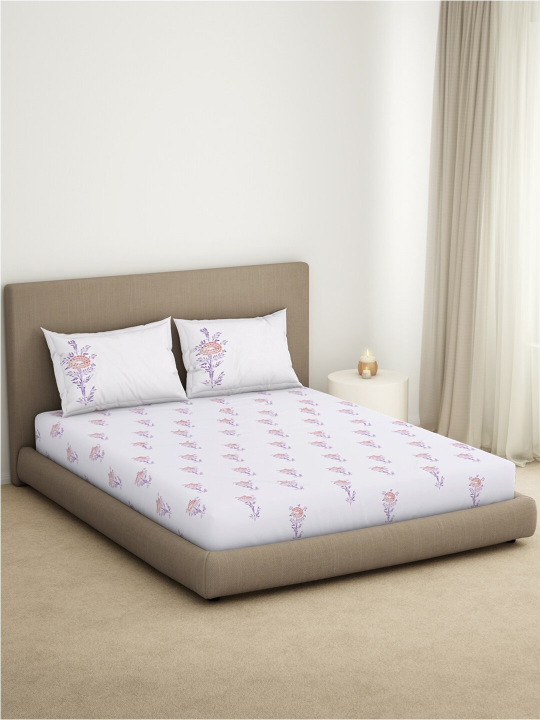 

SPACES Spring Ode Violet Floral Printed 144 TC Pure Cotton King Bedsheet & 2 Pillow Covers