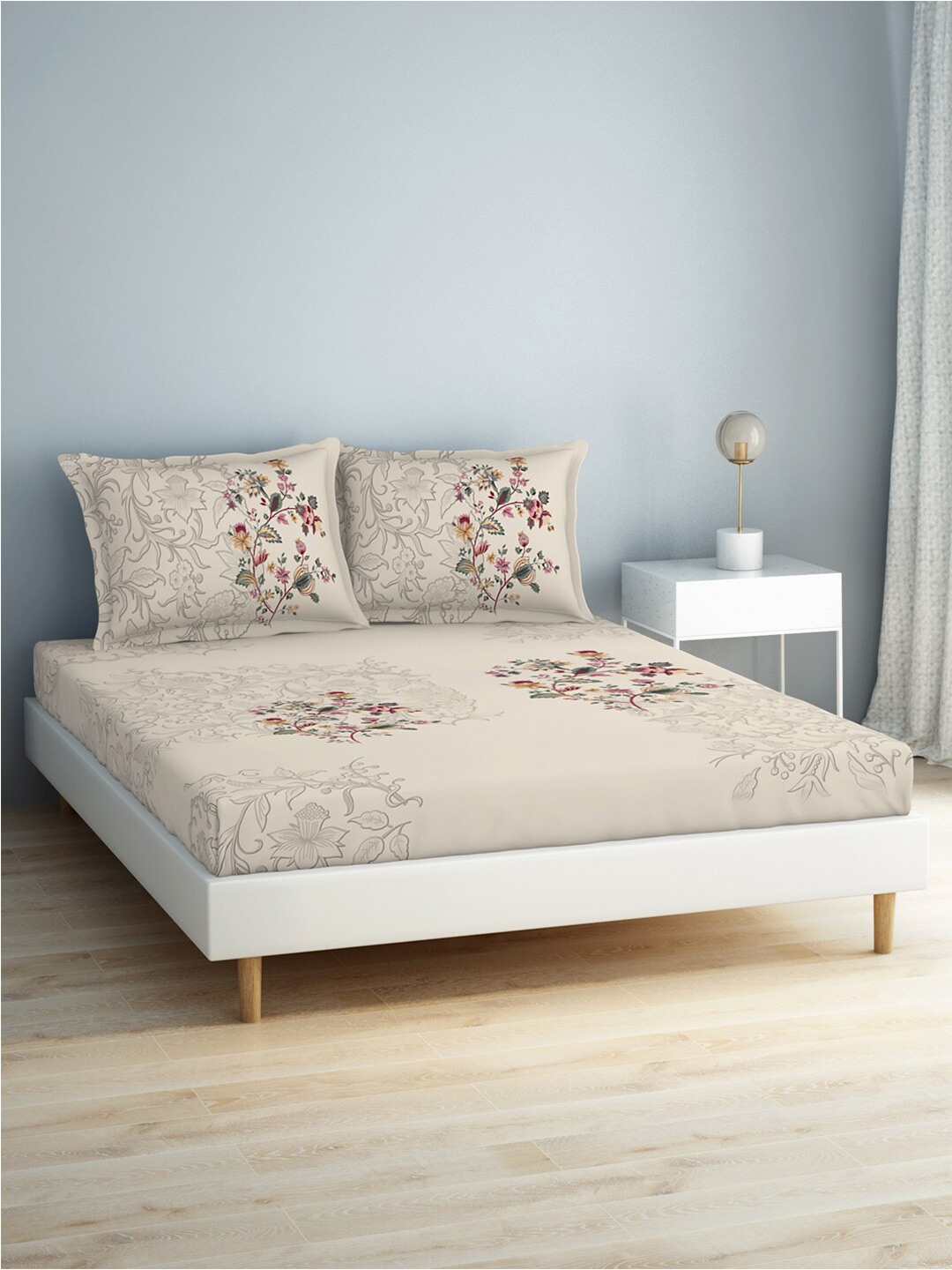 

SPACES Reverie Cream-Coloured Printed 140 TC Pure Cotton King Bedsheet & 2 Pillow Covers