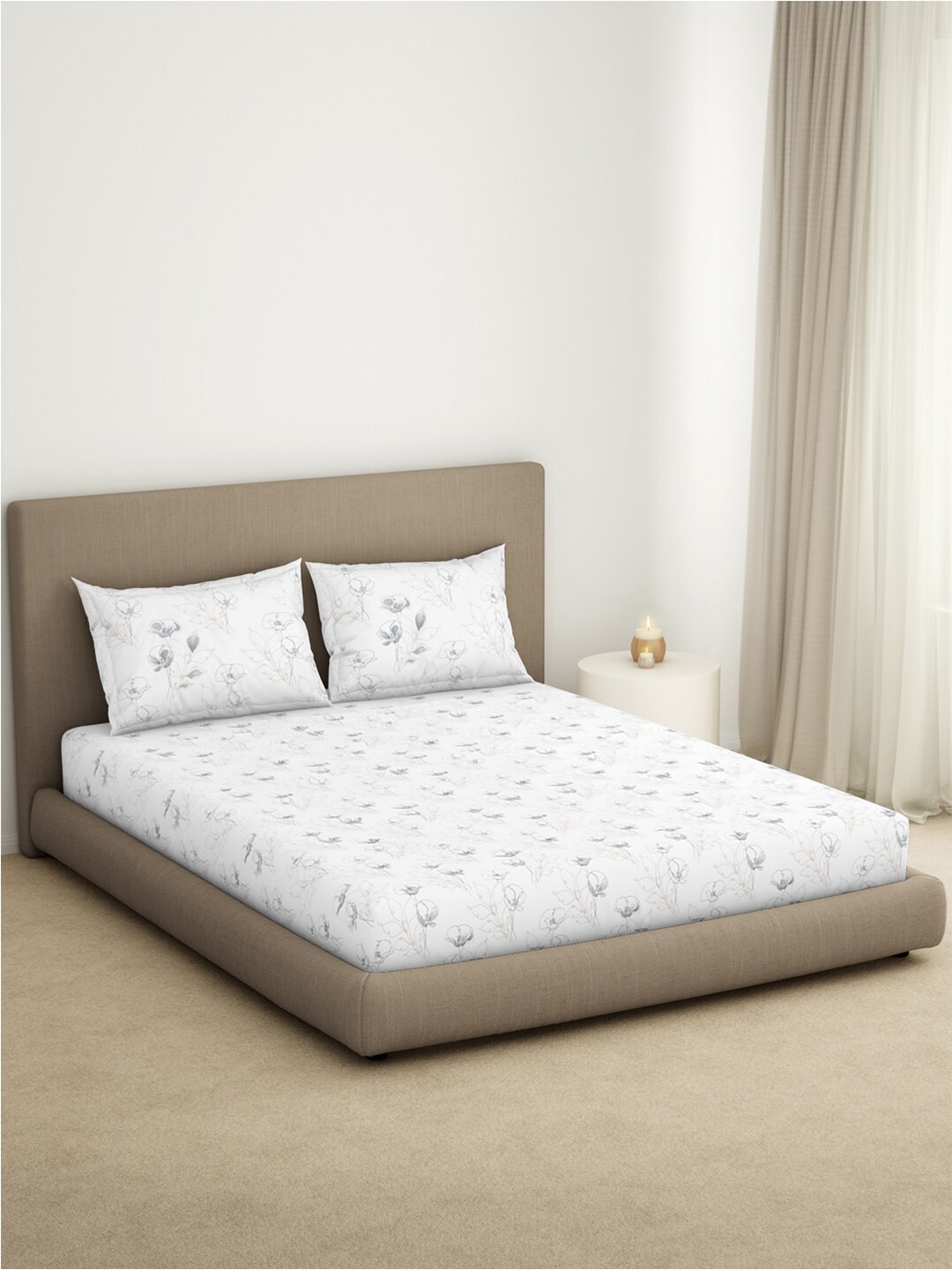 

SPACES Maya White & Grey Floral Printed 144 TC Pure Cotton King Bedsheet & 2 Pillow Covers