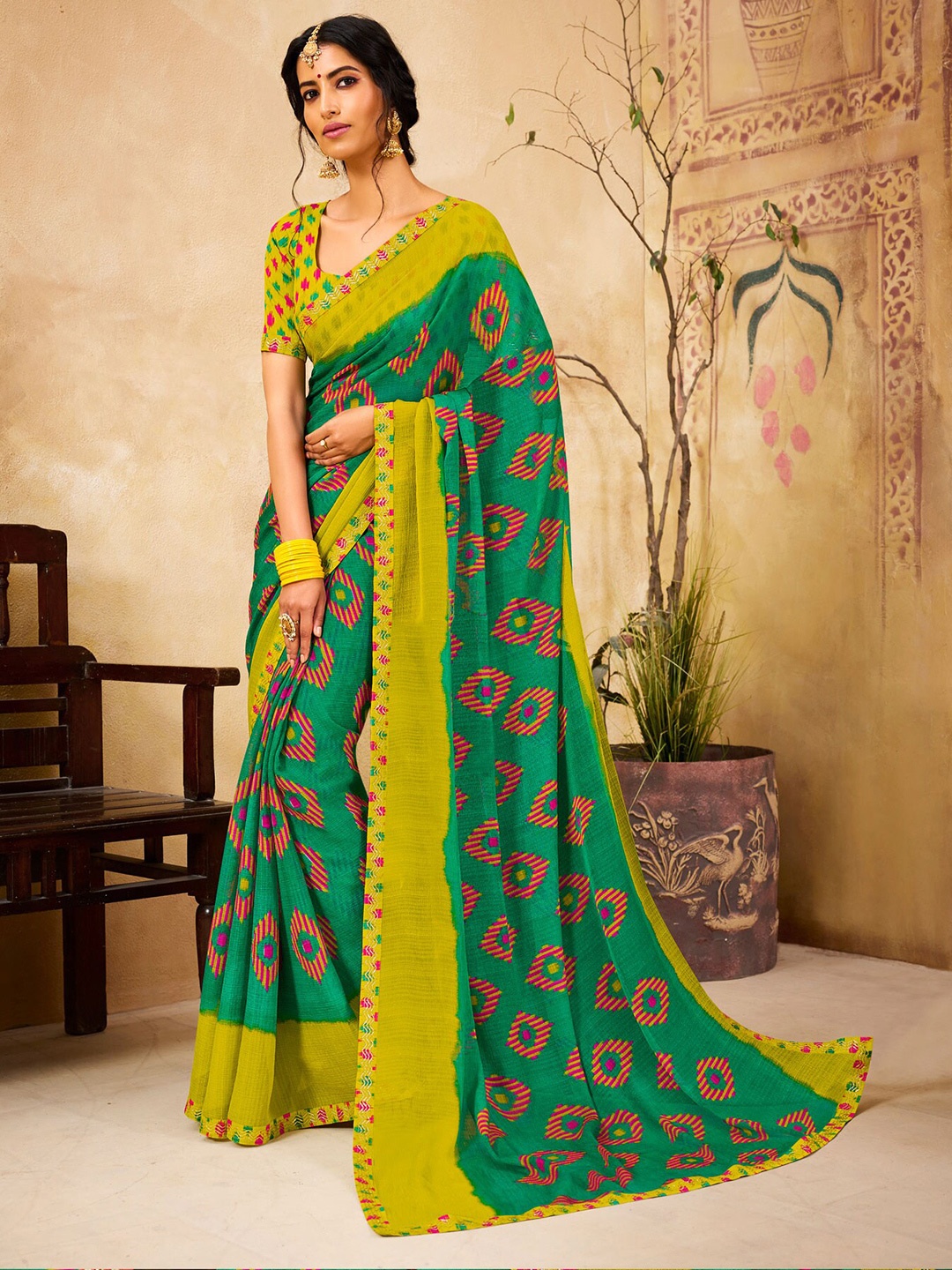 

Laxmipati Geometric Printed Embroidered Saree, Green