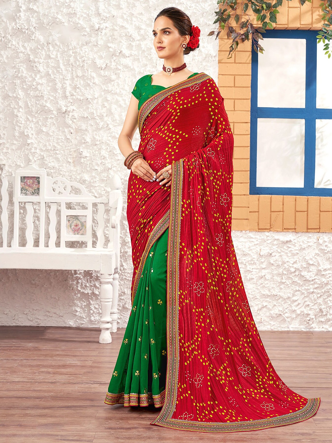 

Laxmipati Bandhani Printed Embroidered Saree, Red