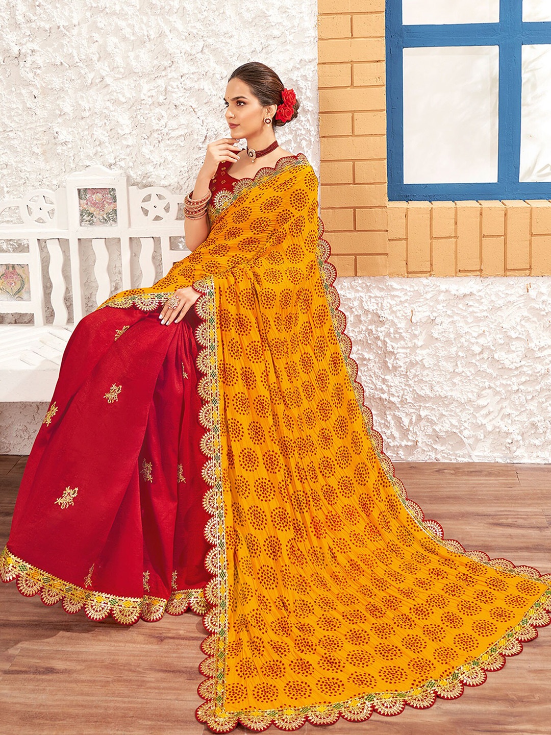 

Laxmipati Bandhani Printed & Embroidered Half and Half Saree, Red