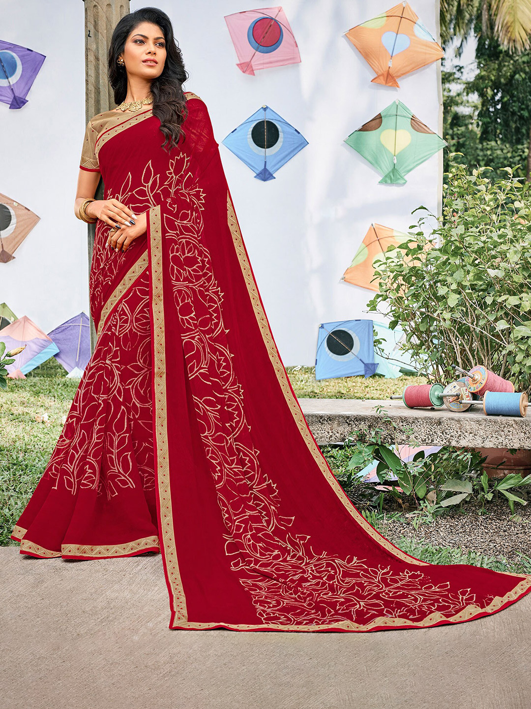 

Laxmipati Floral Printed Embroidered Saree, Red