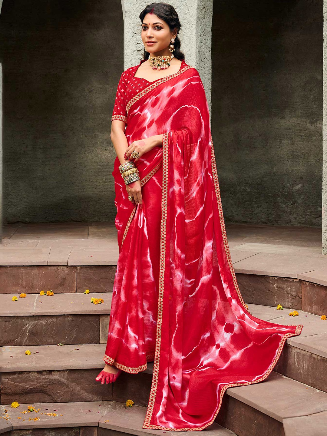 

Laxmipati Tie and Dyed Embroidered Saree, Red