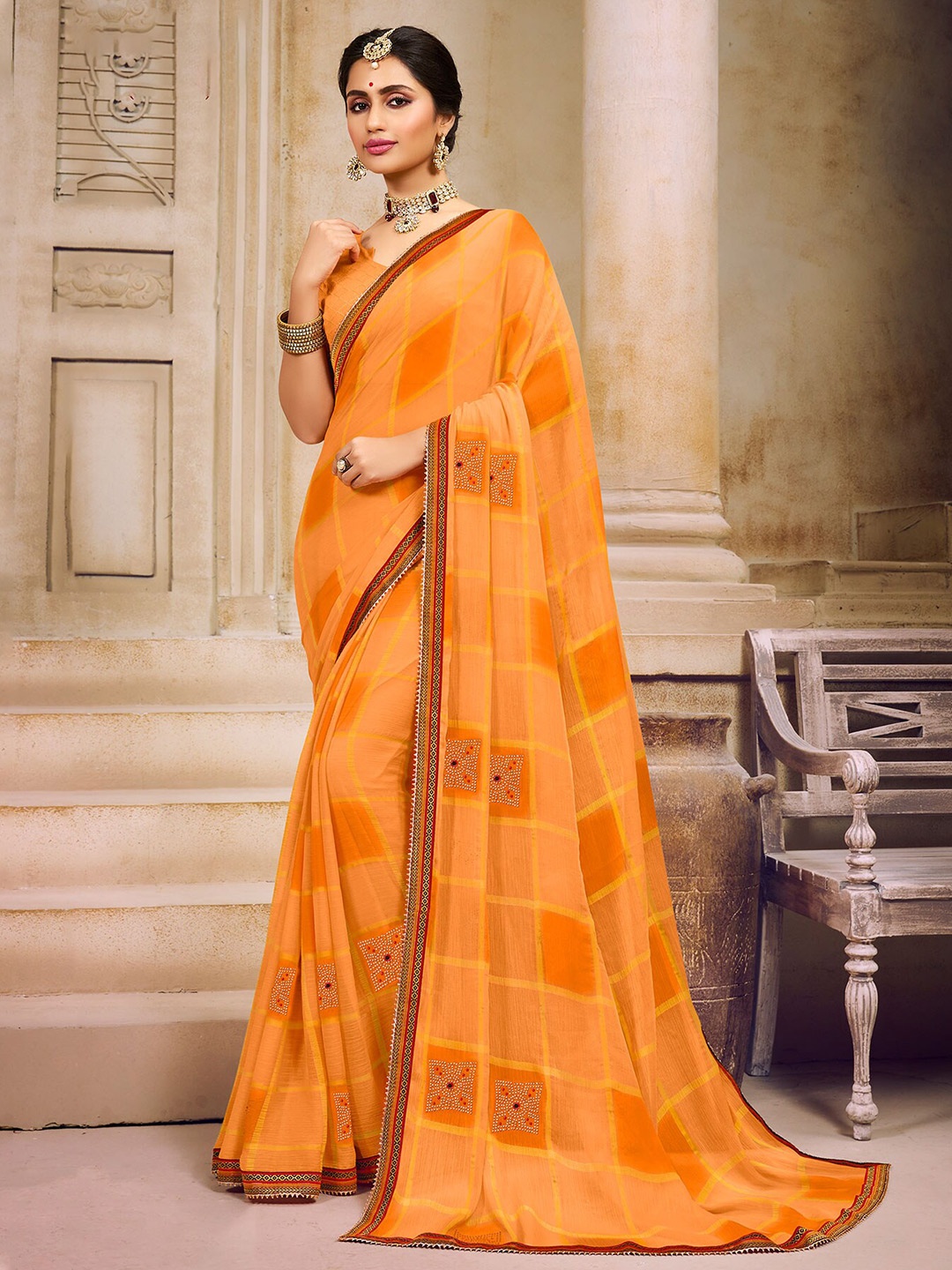 

Laxmipati Checked Beads and Stones Saree, Orange