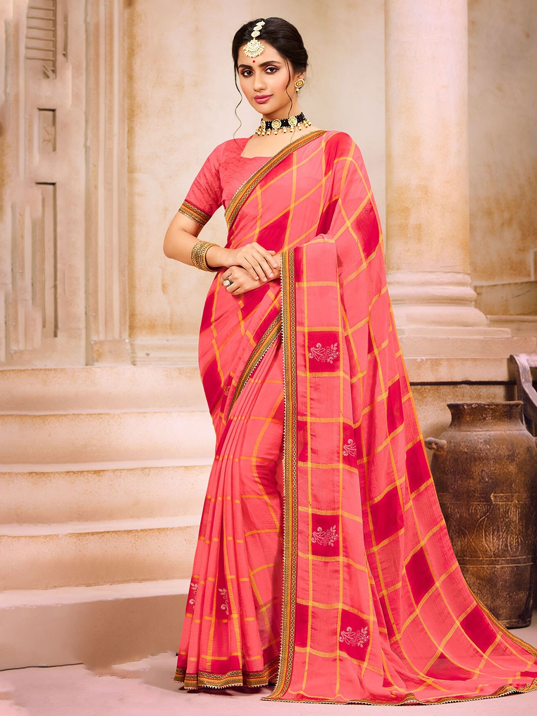 

Laxmipati Checked Embroidered Chiffon Saree, Pink