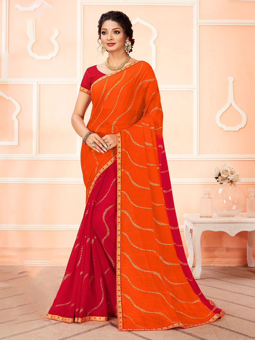 

Laxmipati Bandhani Embroidered Half and Half Saree, Red