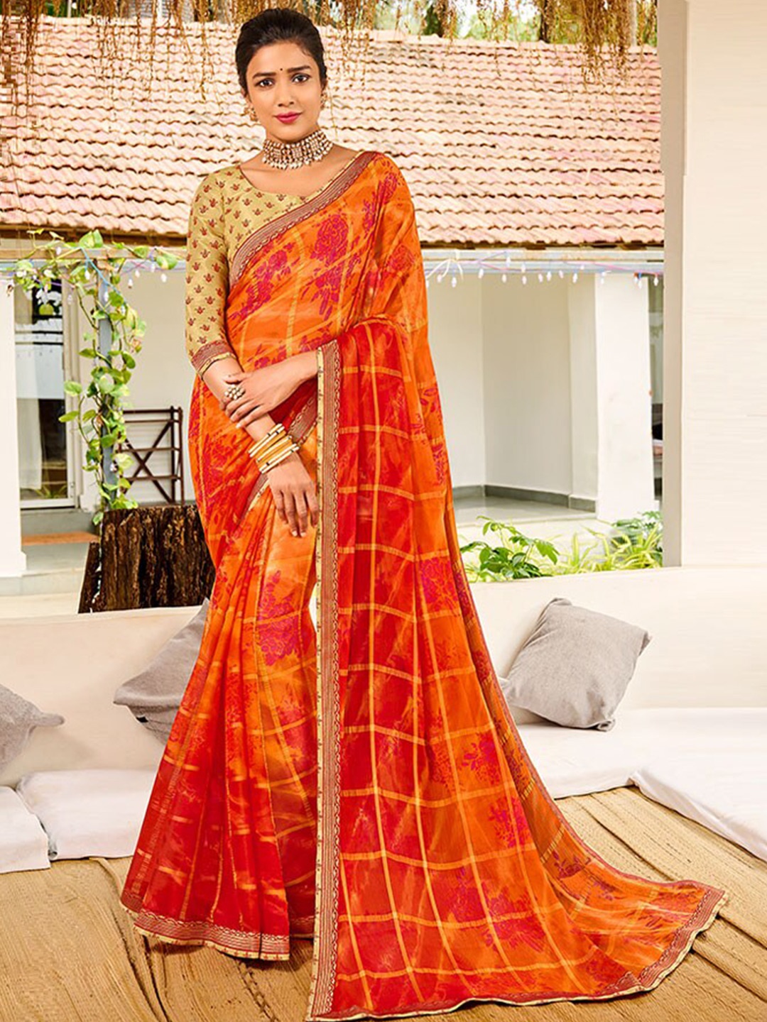 

Laxmipati Checked Saree, Orange