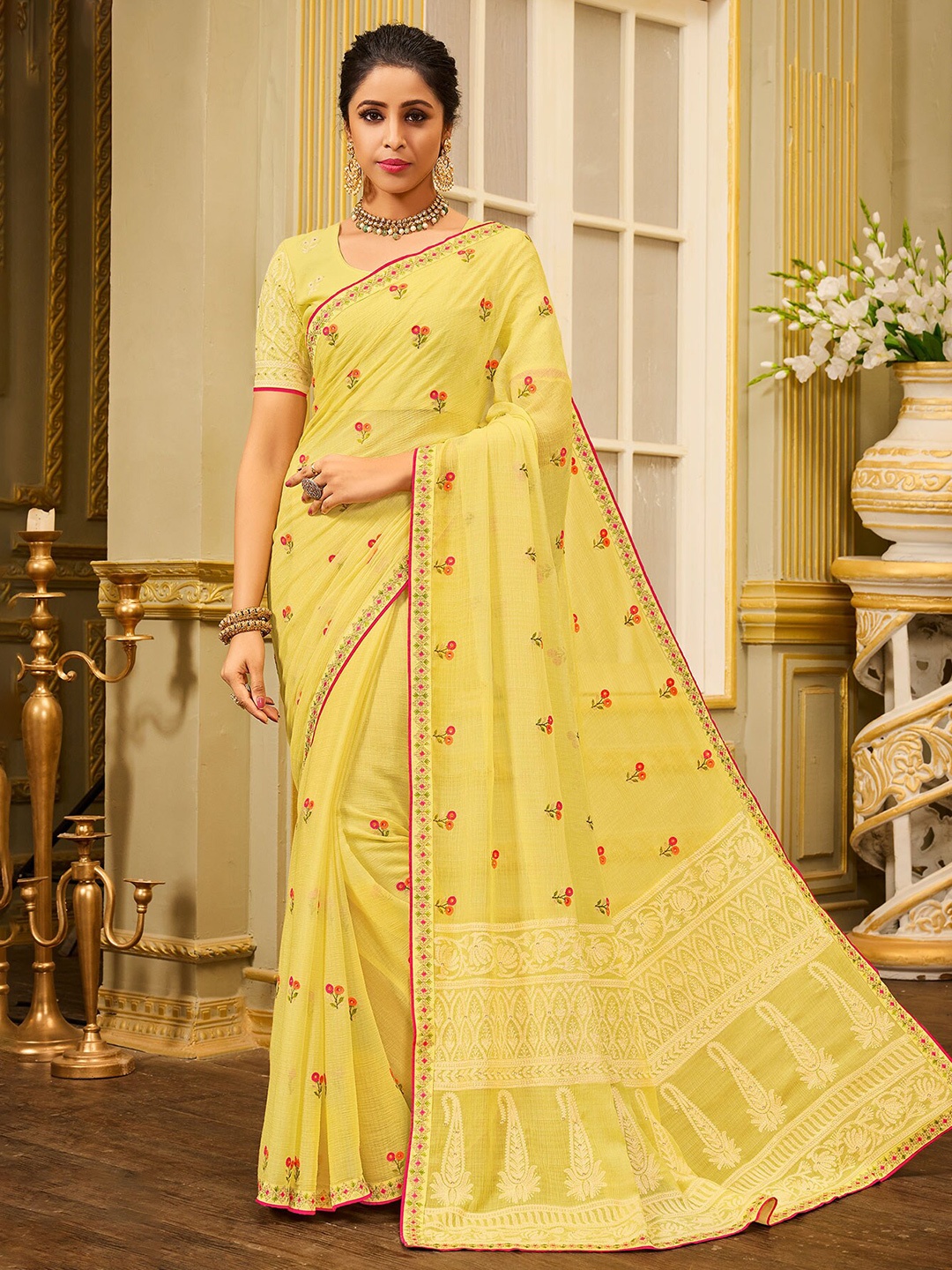 

Laxmipati Floral Embroidered Saree, Yellow
