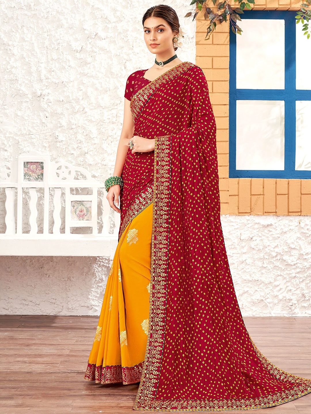 

Laxmipati Bandhani Printed Embroidered Half and Half Saree, Yellow