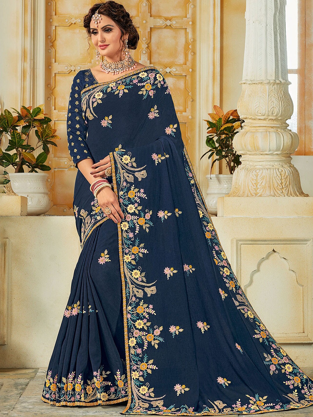 

Laxmipati Floral Embroidered Saree, Blue