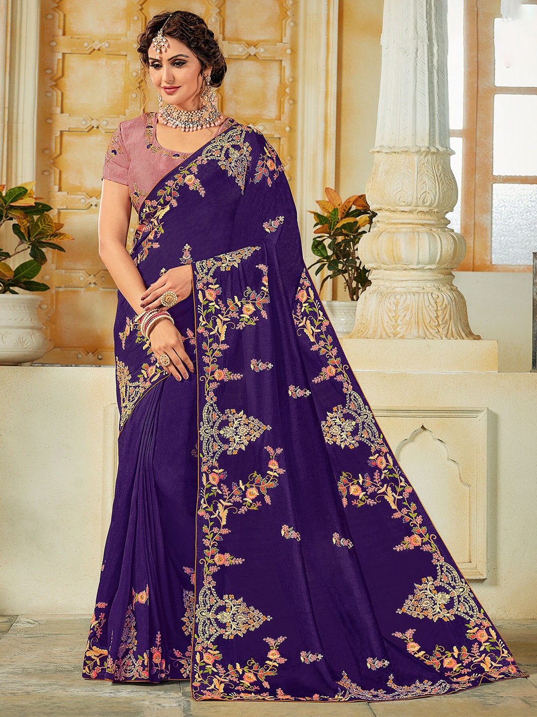 

Laxmipati Floral Embroidered Saree, Purple