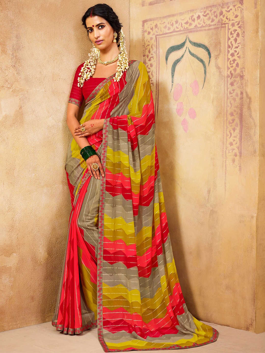 

Laxmipati Striped Embellished Saree, Red