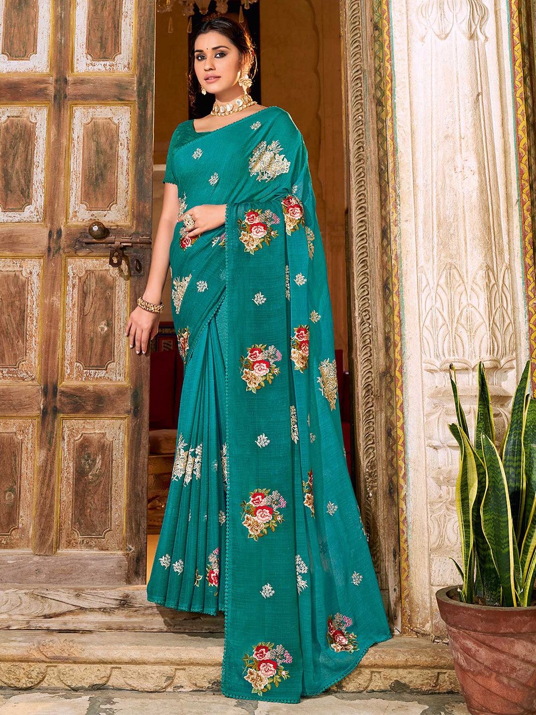 

Laxmipati Floral Embroidered Poly Chiffon Saree, Blue