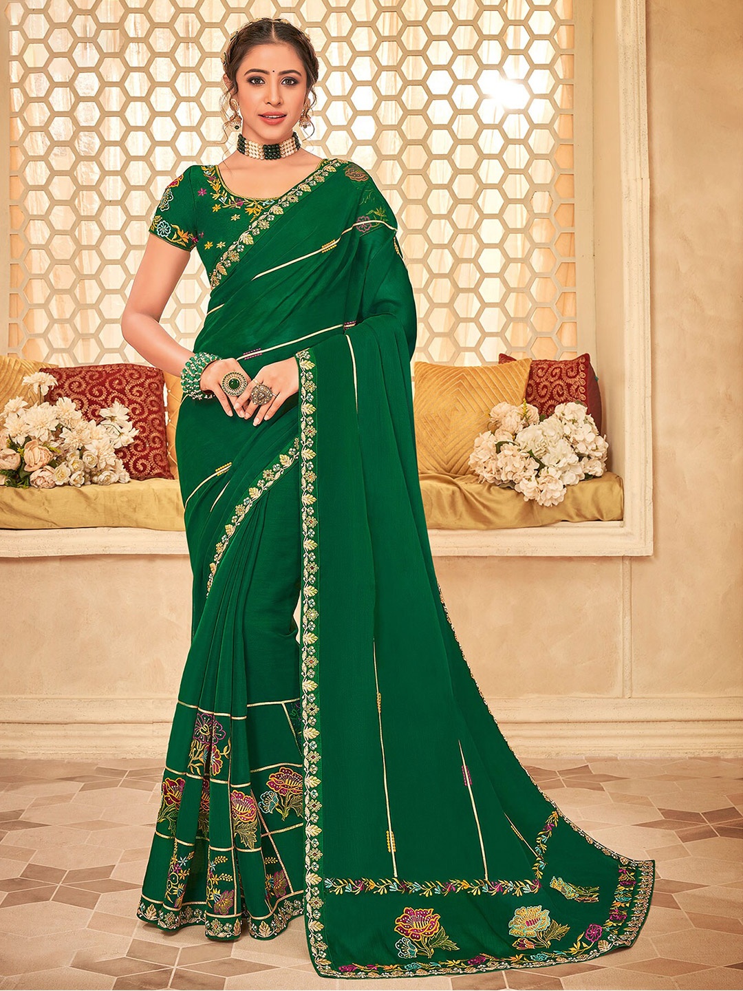 

Laxmipati Floral Embroidered Saree, Green