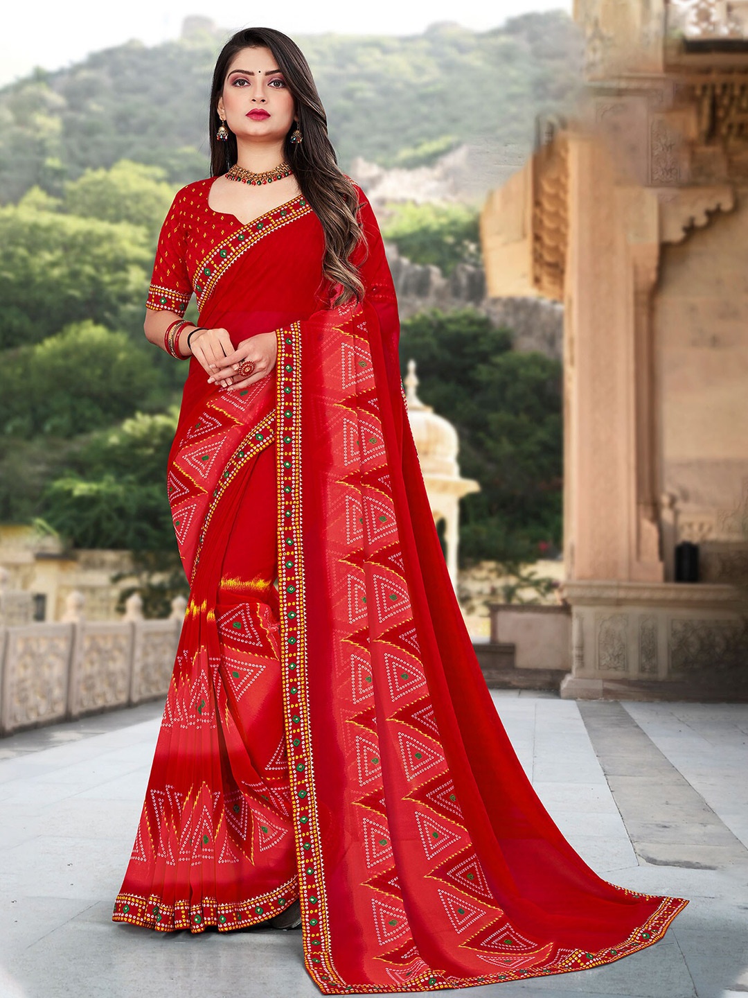 

Laxmipati Bandhani Mirror Work Poly Georgette Saree With Blouse Piece, Red