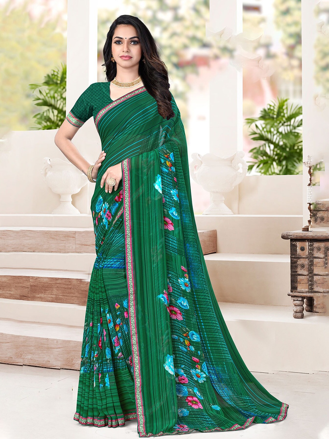 

Laxmipati Floral Printed Poly Georgette Saree, Green