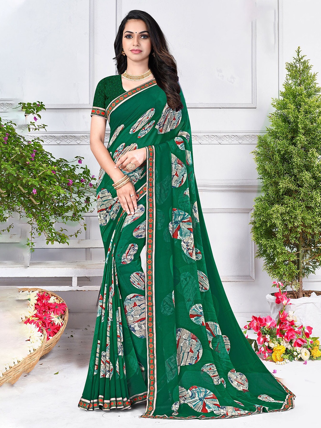 

Laxmipati Abstract Printed Poly Georgette Saree, Green