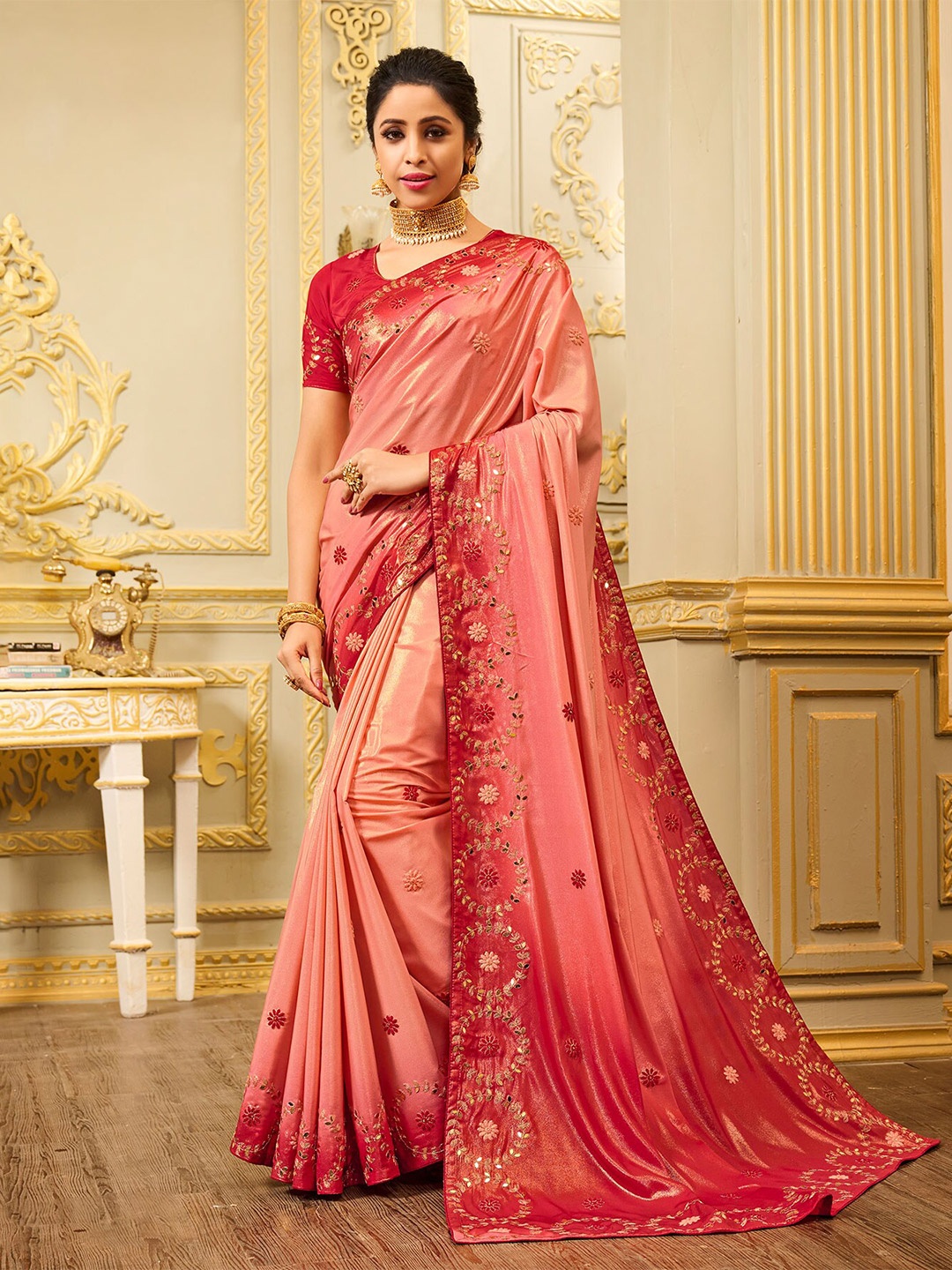 

Laxmipati Floral Embroidered Saree, Pink
