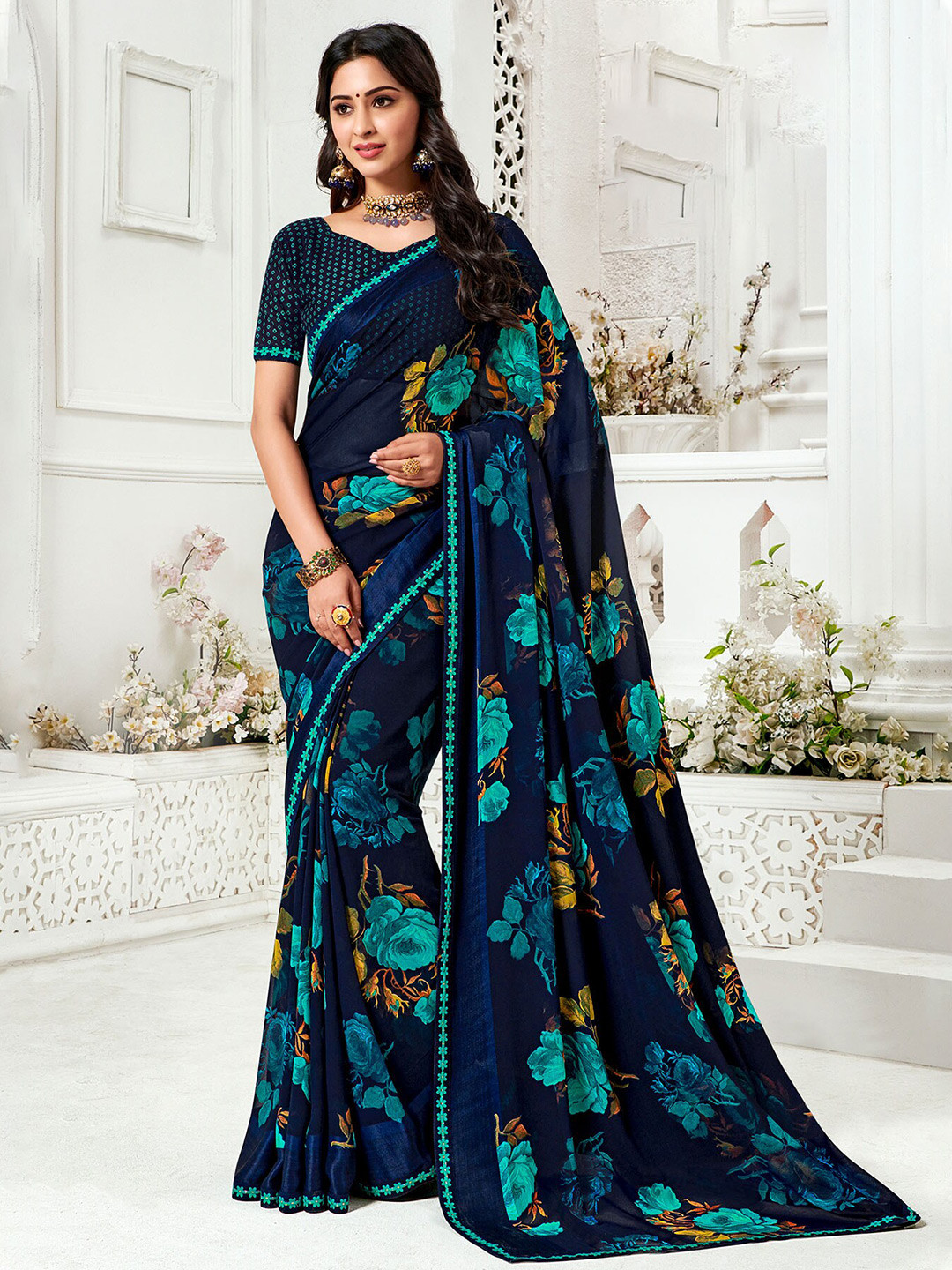 

Laxmipati Floral Printed Poly Georgette Saree, Blue