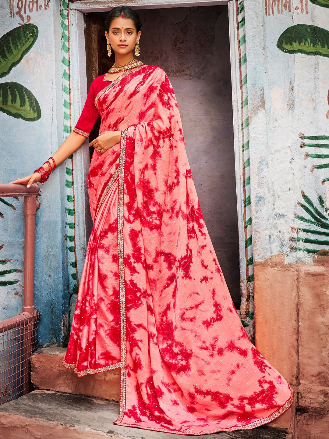 

Laxmipati Tie and Dye Embroidered Saree, Pink