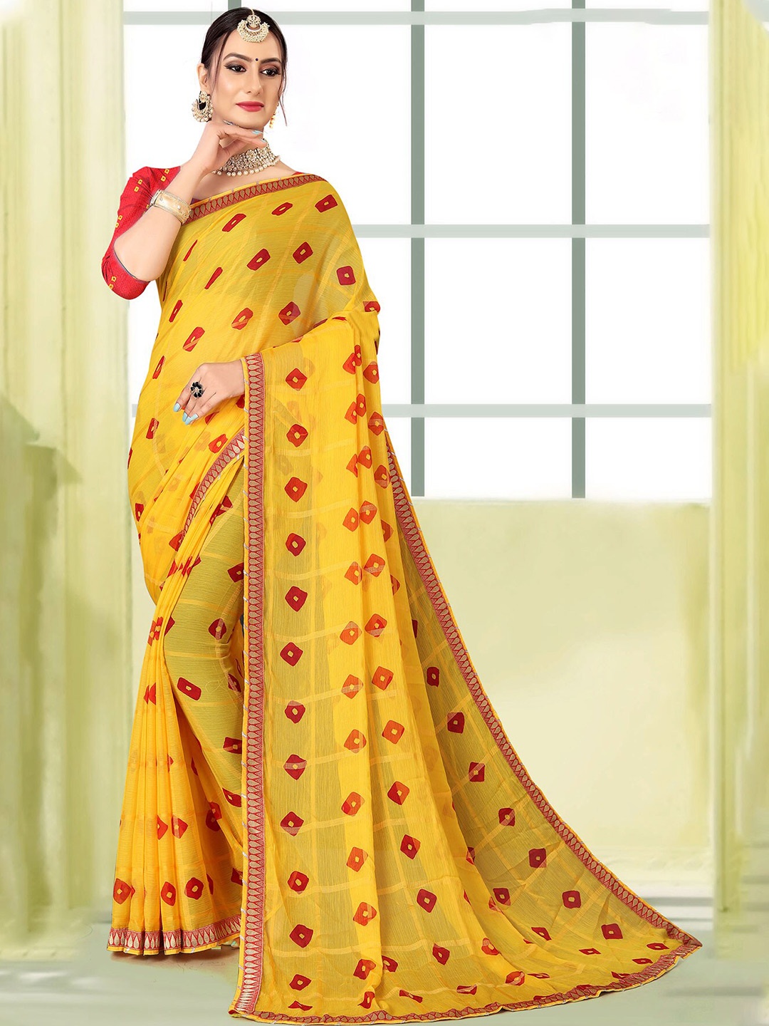 

Laxmipati Bandhani Poly Chiffon Saree, Yellow