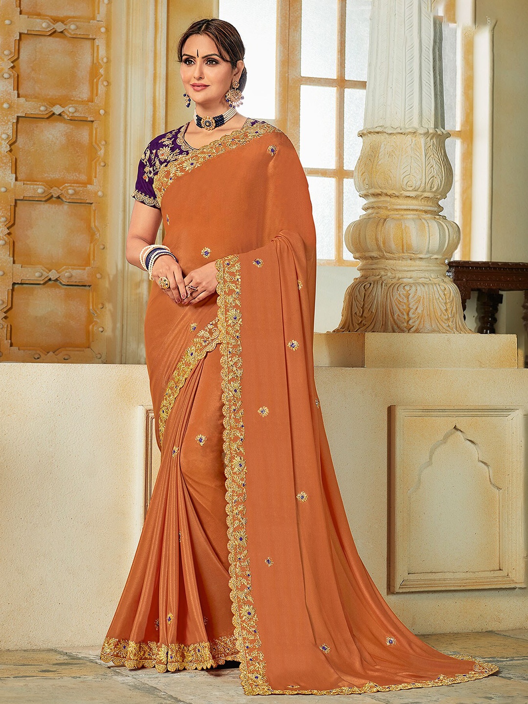 

Laxmipati Floral Embroidered Saree, Rust
