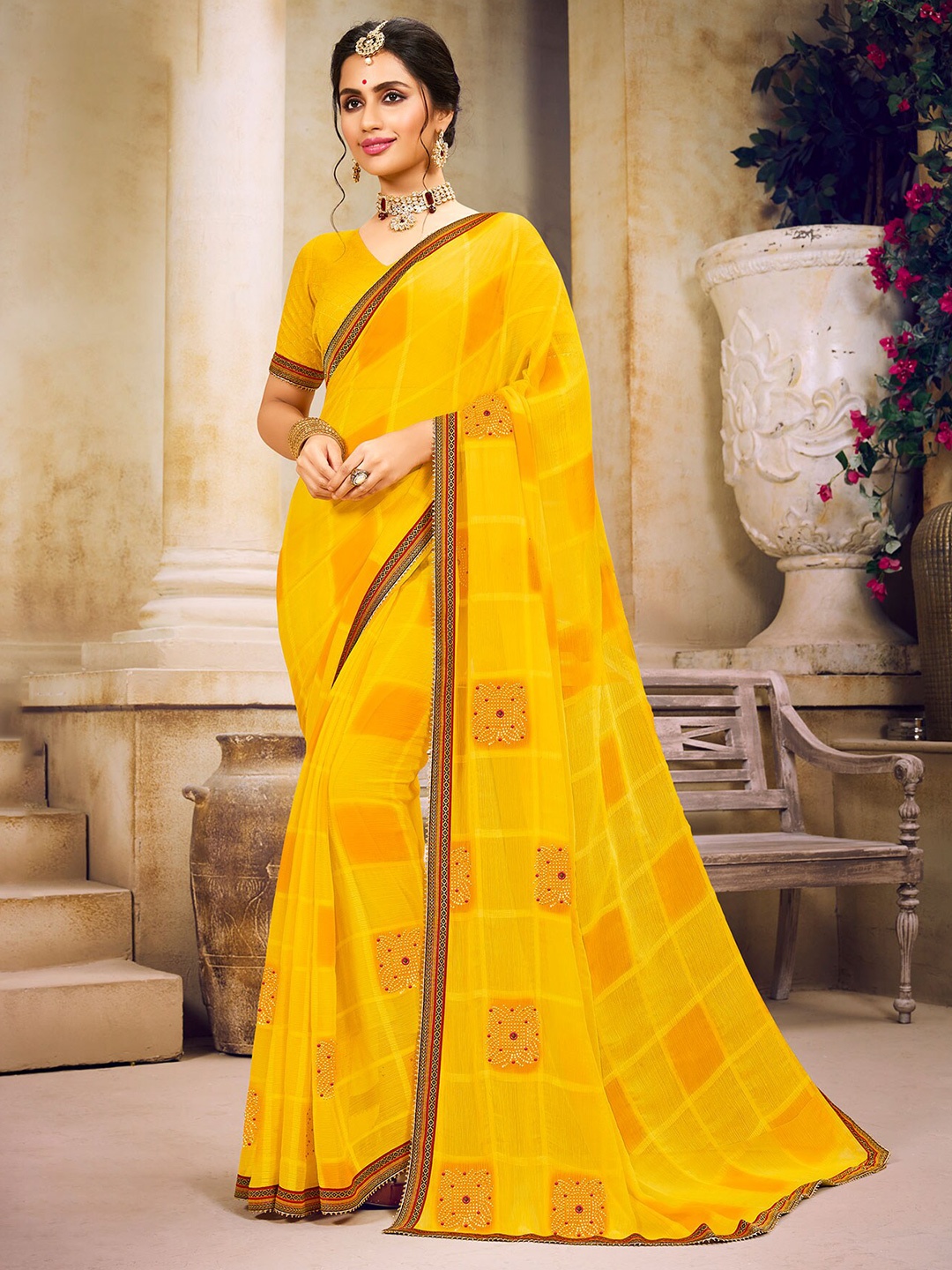 

Laxmipati Checked Poly Chiffon Saree, Yellow